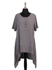 Italian Silk Hem Dress With Side Pockets and Necklace - Grey
