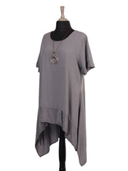 Italian Silk Hem Dress With Side Pockets and Necklace - Grey