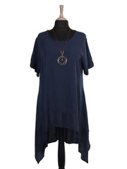 Italian Silk Hem Dress With Side Pockets and Necklace - Navy