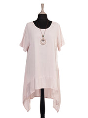 Italian Silk Hem Dress With Side Pockets and Necklace - Baby Pink