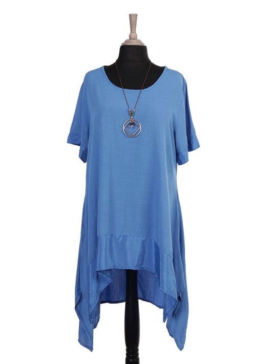 Italian Silk Hem Dress With Side Pockets and Necklace - Royal Blue