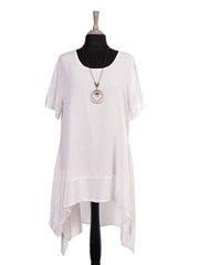 Italian Silk Hem Dress With Side Pockets and Necklace - White