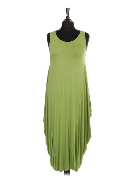 Italian Sleeveless Jersey Parachute Lagenlook Dress - Lime Green