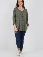 Italian Soft Knitted Round Neck Necklace Jumper Top - Khaki
