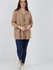 Italian Soft Knitted Round Neck Necklace Jumper Top - Camel
