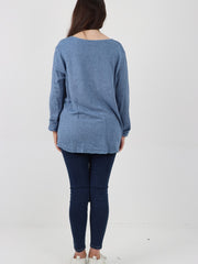 Italian Soft Knitted Round Neck Necklace Jumper Top - Denim