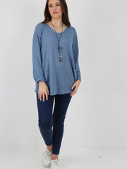 Italian Soft Knitted Round Neck Necklace Jumper Top - Denim