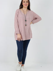 Italian Soft Knitted Round Neck Necklace Jumper Top - Dusty Pink