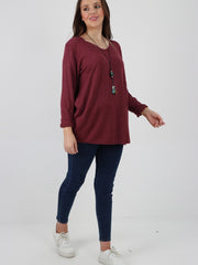 Italian Soft Knitted Round Neck Necklace Jumper Top - Wine