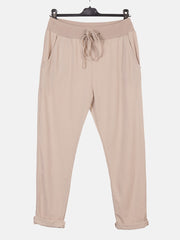 Italian Solid Color Cotton Trousers With Side Pockets - Beige