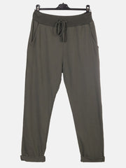 Italian Solid Color Cotton Trousers With Side Pockets - Army Green