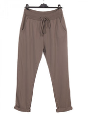 Italian Solid Color Cotton Trousers With Side Pockets - Mocha