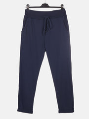 Italian Solid Color Cotton Trousers With Side Pockets - Navy