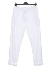 Italian Solid Color Cotton Trousers With Side Pockets - White