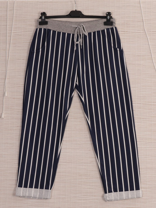 Italian Stripe Cotton Trousers with Pockets - Navy