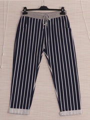 Italian Stripe Cotton Trousers with Pockets - Navy
