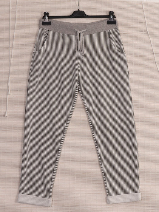 Italian Striped Print Cotton Trousers - Black