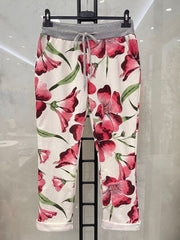 Italian Tulip Printed Cotton Joggers - Red