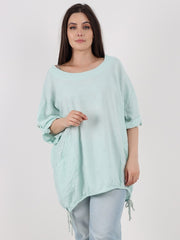 Italian Turn-up Sleeves Gathered Hem Linen Top - Aqua