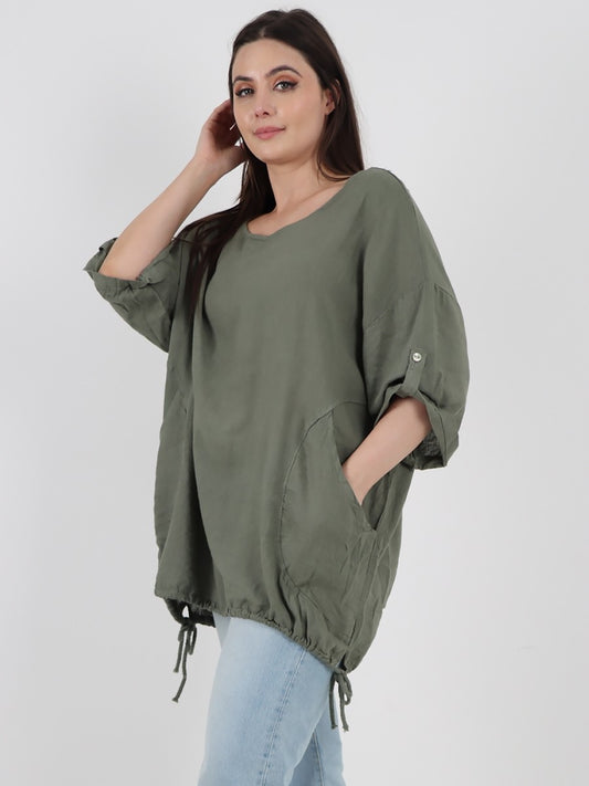 Italian Turn-up Sleeves Gathered Hem Linen Top - Khaki