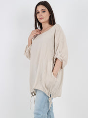 Italian Turn-up Sleeves Gathered Hem Linen Top - Beige