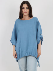 Italian Turn-up Sleeves Gathered Hem Linen Top - Denim