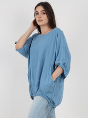 Italian Turn-up Sleeves Gathered Hem Linen Top - Denim