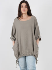 Italian Turn-up Sleeves Gathered Hem Linen Top - Mocha