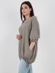 Italian Turn-up Sleeves Gathered Hem Linen Top - Mocha