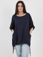 Italian Turn-up Sleeves Gathered Hem Linen Top - Navy