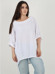 Italian Turn-up Sleeves Gathered Hem Linen Top - White