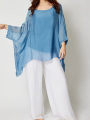 Italian Two Layered Plain Silk batwing Tunic Top - Denim