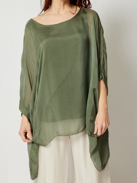 Italian Two Layered Plain Silk batwing Tunic Top - Khaki