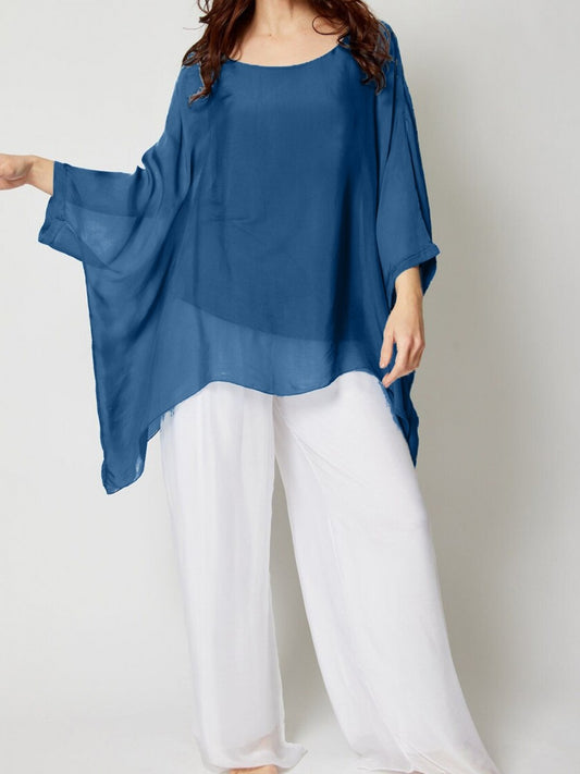 Italian Two Layered Plain Silk batwing Tunic Top - Teal