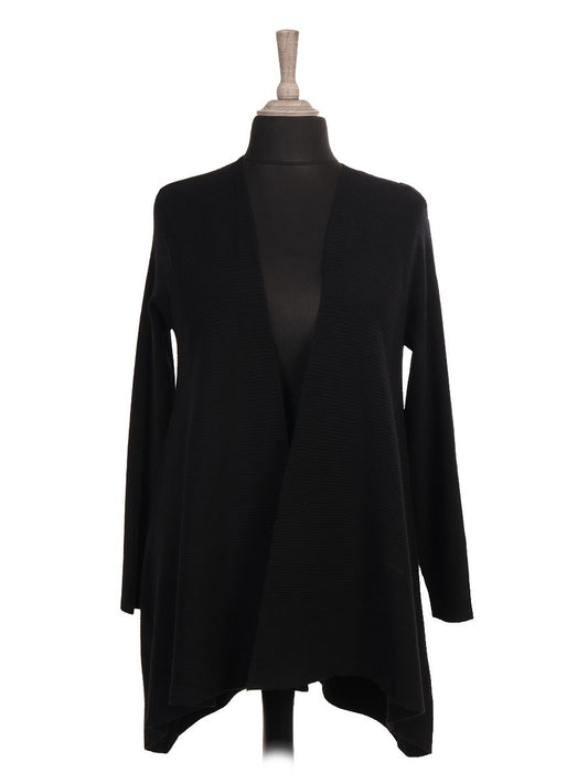 Italian Waterfall Open Front Ribbed Cardigan- Black