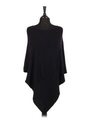 Italian Wool Mix Ribbed Star Poncho -Black