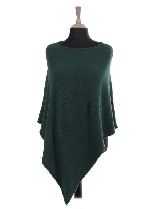 Italian Wool Mix Ribbed Star Poncho - Hunter Green