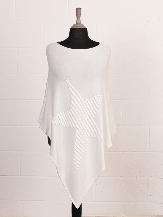 Italian Wool Mix Ribbed Star Poncho - White