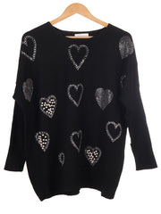 Pearl And Diamante Hearts Detail Ribbed Knitted Jumper - Black
