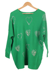 Pearl And Diamante Hearts Detail Ribbed Knitted Jumper - Green
