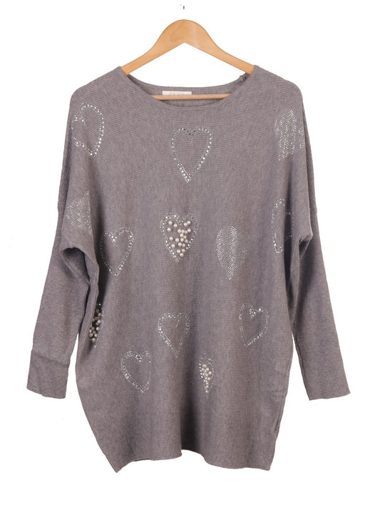 Pearl And Diamante Hearts Detail Ribbed Knitted Jumper - Grey