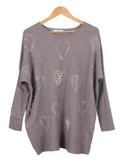 Pearl And Diamante Hearts Detail Ribbed Knitted Jumper - Grey
