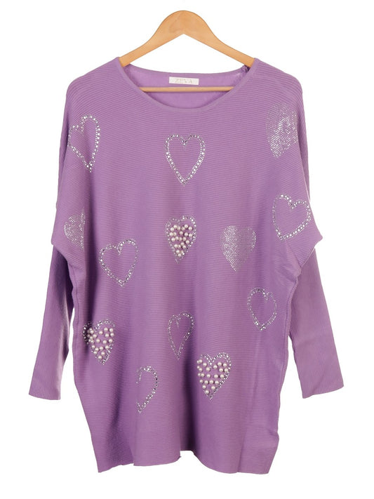Pearl And Diamante Hearts Detail Ribbed Knitted Jumper - Lilac