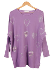 Pearl And Diamante Hearts Detail Ribbed Knitted Jumper - Lilac