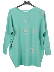 Pearl And Diamante Hearts Detail Ribbed Knitted Jumper - Mint