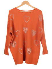 Pearl And Diamante Hearts Detail Ribbed Knitted Jumper - Orange