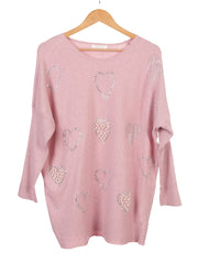 Pearl And Diamante Hearts Detail Ribbed Knitted Jumper - Baby Pink
