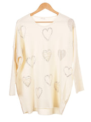 Pearl And Diamante Hearts Detail Ribbed Knitted Jumper - White