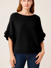 Italian Ruffle Sleeves Batwing Jumper - Black