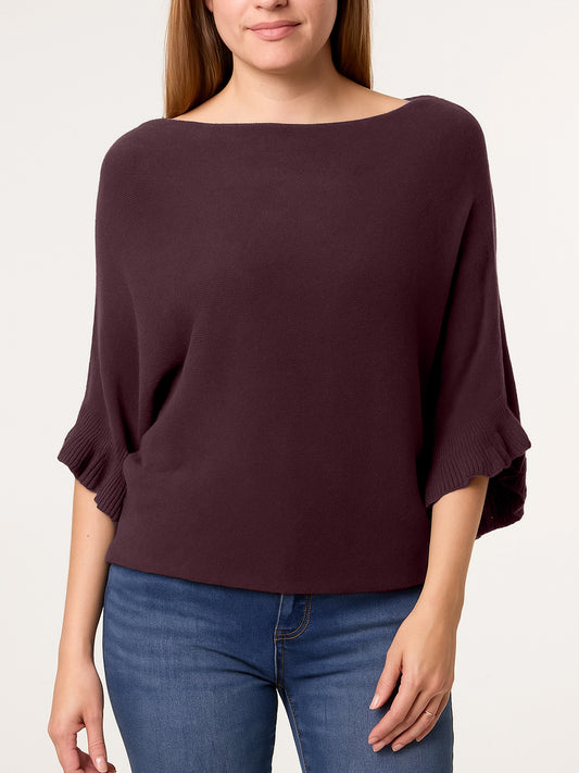 Italian Ruffle Sleeves Batwing Jumper - Plum